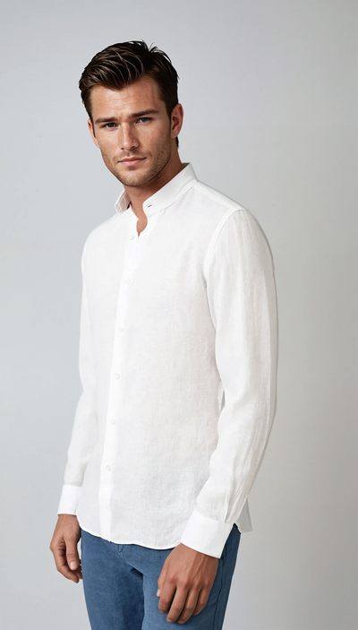 Chemise à col à bande de lin blanche
