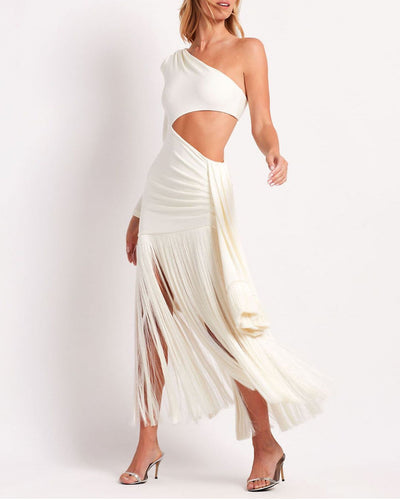 Patbo - Robe longue à franges et découpes - Ecru